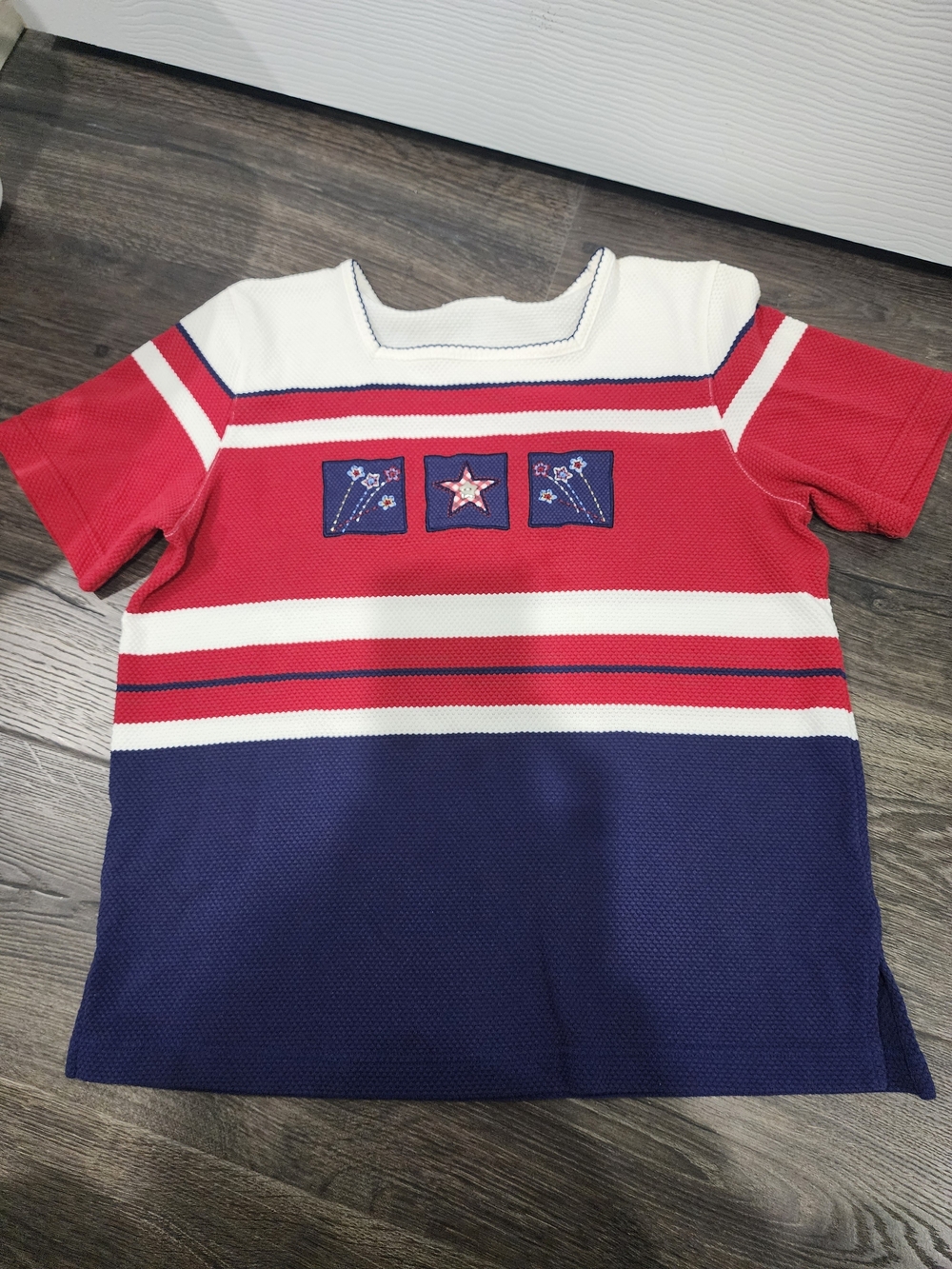 Alfred Dunner Red White Navy Embroidered Stripe Short Sleeve Tee